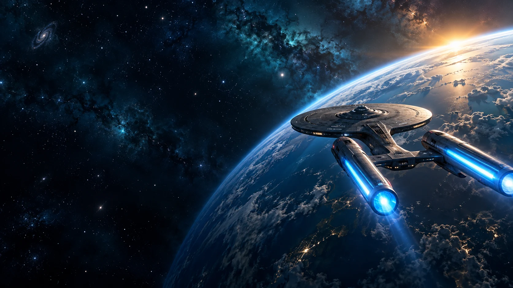 Ein Raumschiff mit leuchtenden Warpgondeln erkundet den Orbit eines blauen Planeten.